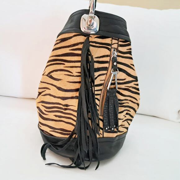 B MAKOWSKI Calf Hair Tan Black Zebra Fringe Leather Hobo Shoulder Bag EUC - Picture 5 of 10